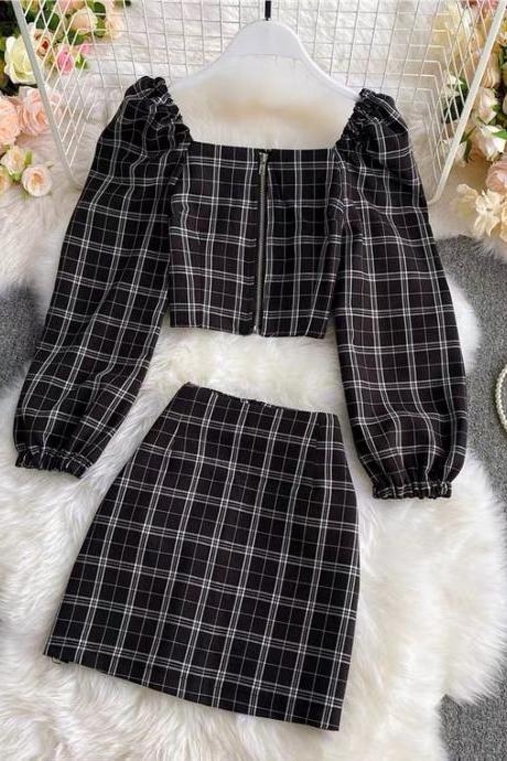 Plaid Short Skirt Suit, Square Collar Short Jacket + High Waist A-line Skirt, Two Pieces