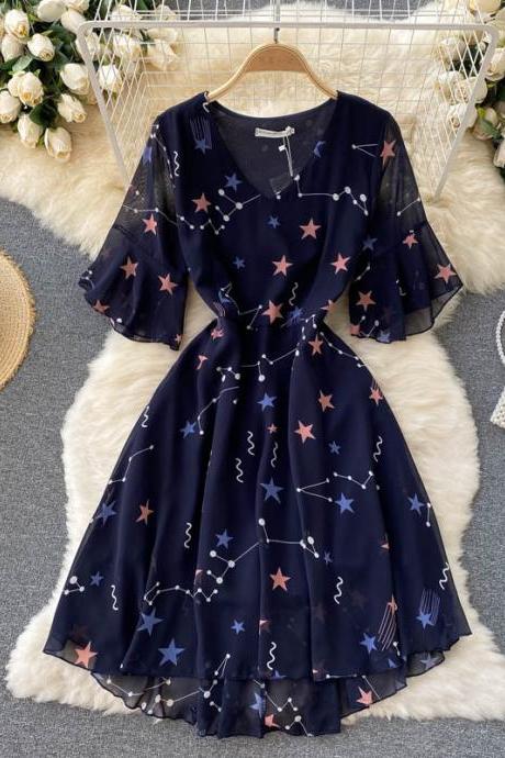 Chiffon dress, star printing sweet dress, horn sleeve trim holiday dress