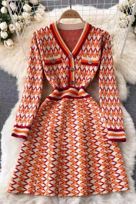 Vintage, Contrast Color Plaid, Temperament, Little Fragrance Long Sleeve Knitted Dress