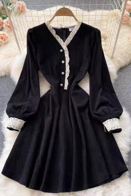 Vintage corduroy dress, fall dress, lace stitching, bubble sleeves, little black dress