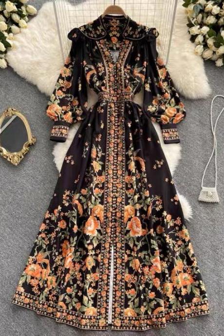Vintage floral dress, autumn, court style, loose,Waist show thin temperament dress