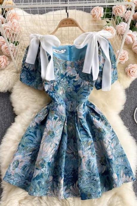 Palace style little blue dress,vintae jacquard slim short halter dress