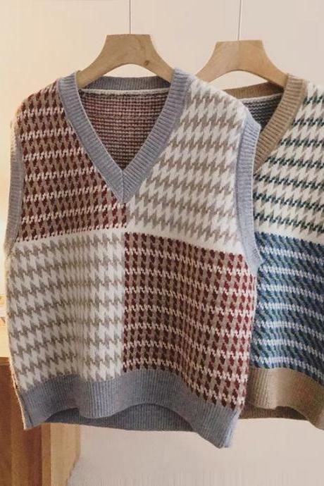 Vintage, plaid sweater vest, Spring and Autumn, new style, loose, outer wear, V-neck clash-color knit vest