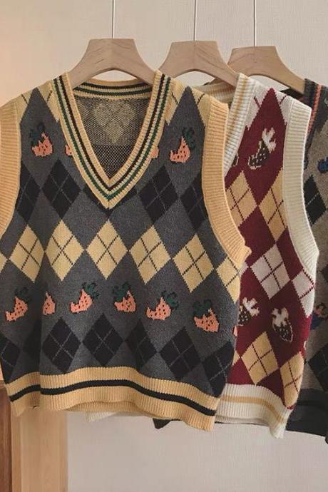 Clash, V-neck knit vest, new, loose, outer, sleeveless vintage plaid sweater vest