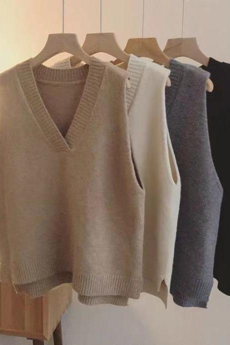 V-neck sweater vest, sleeveless knit vest, simple, preppy, loose top