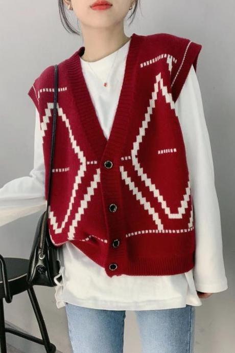 Black and white diamond lattice, single breasted cardigan, vest sleeveless vest, sweater knitted vest