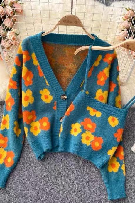 Autumn, fresh, fashionable, spaghettis strap top, cardigan sweater, two suits