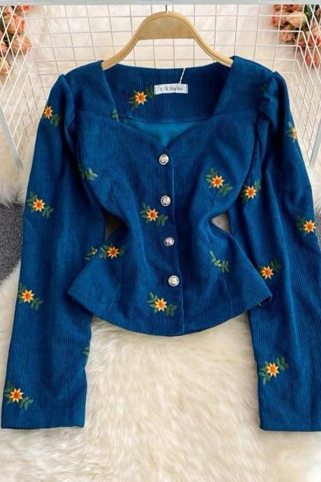Autumn, vintage, square collar embroidered corduroy shirt, temperament breasted, bubble sleeve short top