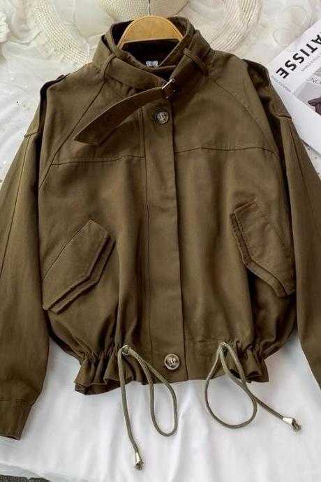 Fashion, Cargo Style, Stand Collar, Drawstring, Long Sleeve Short Coat, Casual Jacket Top