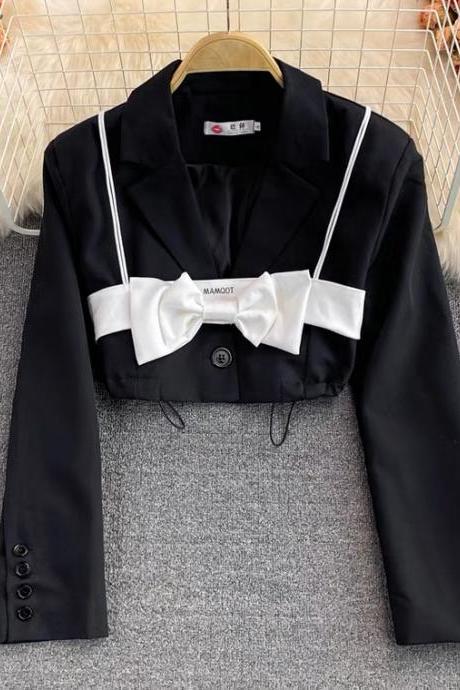 Temperament, black, high-waisted short blazer, fashionable long-sleeve top