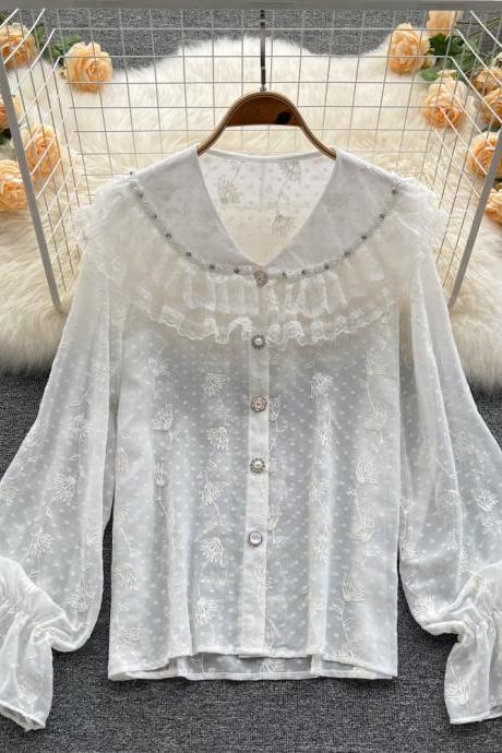Chiffon top, fall, new, sweet, lace, big lapel, bubble sleeve blouse