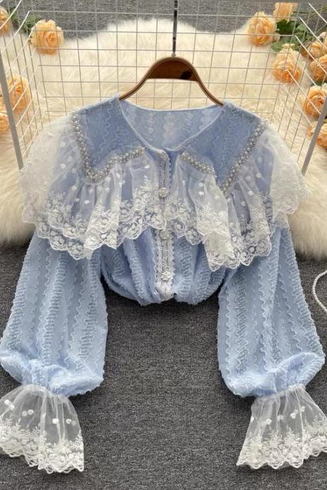 Heavy Embroidery, Lace Blouse, Versatile Chiffon Top