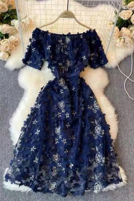  Light luxury, off shoulder floral dress, goddess, vintage, heavy embroidered dress