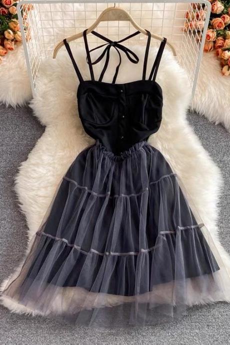 Sweet and spicy, V collar, bowknot strap, little black dress , waist, mesh super fairy temperament halter dress