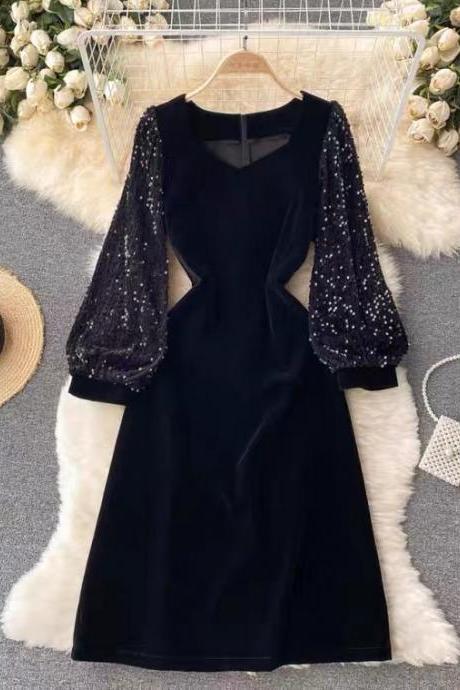 Class Dress, V-neck, Chic, Sequined Patchwork, Long Sleeve Velvet Little Black Dress