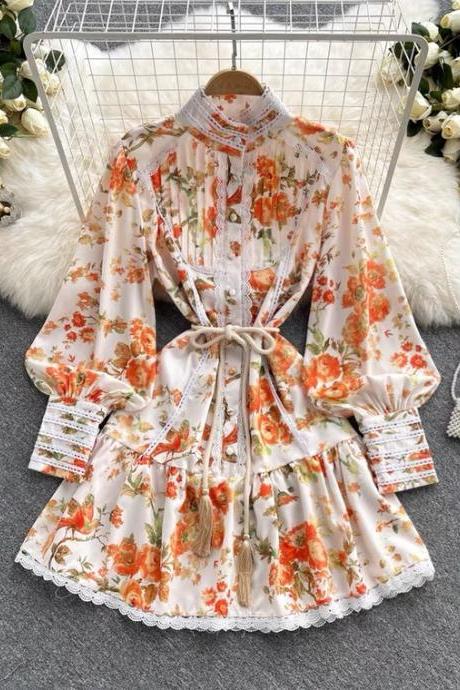 Vintage, palace style, standing collar, printing, lace stitching, single breasted, fashionable flower dress