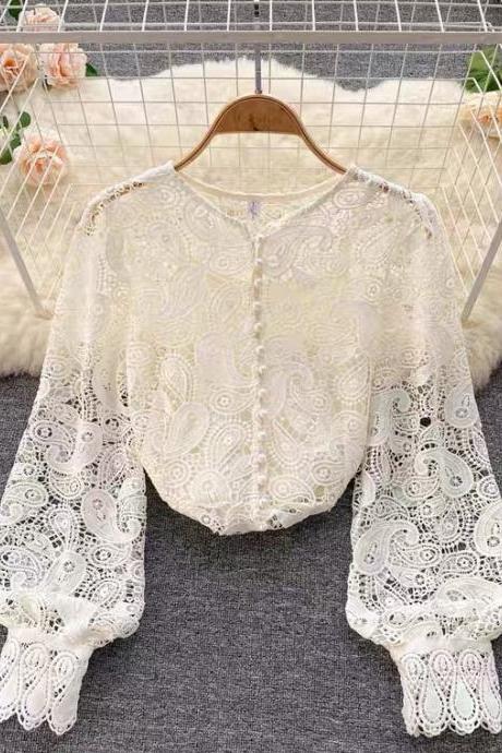 High quality lace, classy, socialite lace shirt, V-neck, single-breasted, loose, versatile top, free halter top, two-piece suit