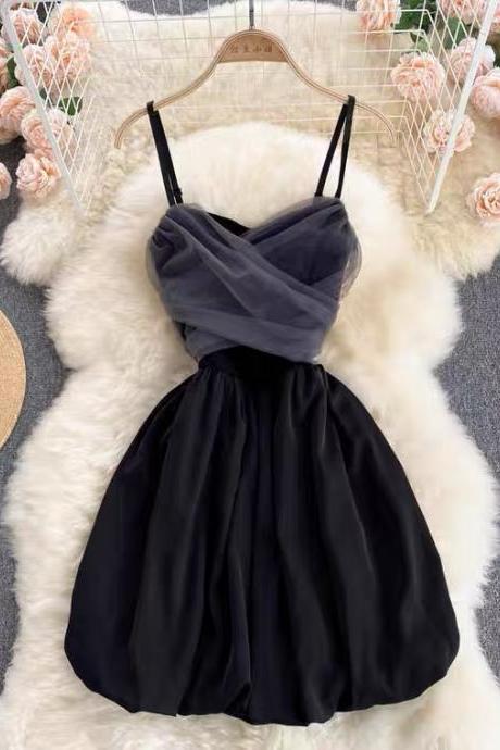 Fairy tulle stitching little black dress, temperament, socialite, spaghetti strap dress