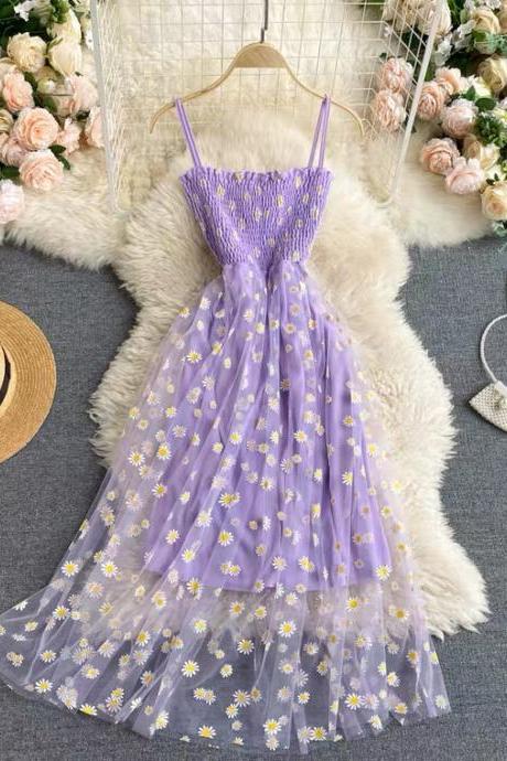  Fairy, temperament, gentle dress, halter dress, tulle embroidery chrysanthemum holiday dress,cheap on sale!