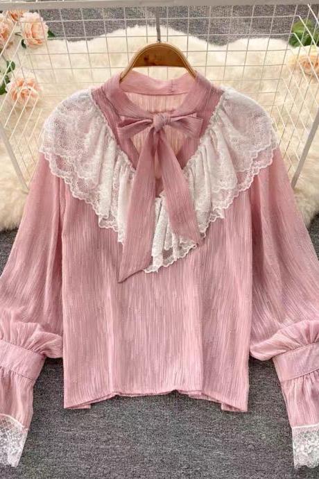 Sweet girl blouse, fall, new, lace-up, V-neck, flounces, patchwork lace blouse