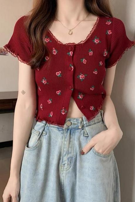 Vintage, floral knit short-sleeved T-shirt, slim short bottom top