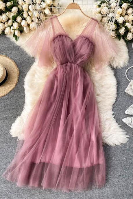Fairy Dress, Gentle Wind Dress, Goddess Temperament Party Dress, V-neck, Pleated Slim Midi Prom Dress