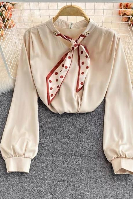Bow satin shirt, spring and autumn, loose, versatile, temperament long sleeve top