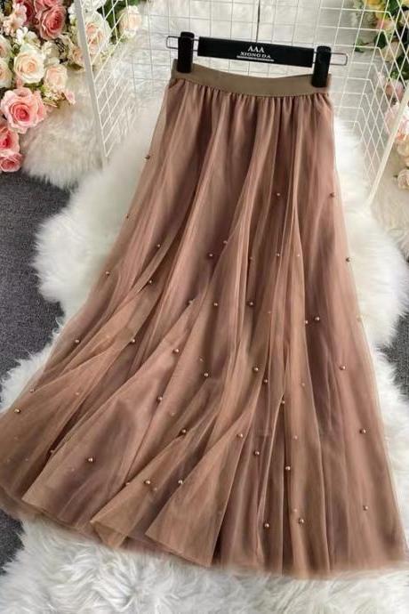 Nailbead tulle skirt, autumn and winter, new style, high waist, medium length, versatile, A-line super fairy skirt