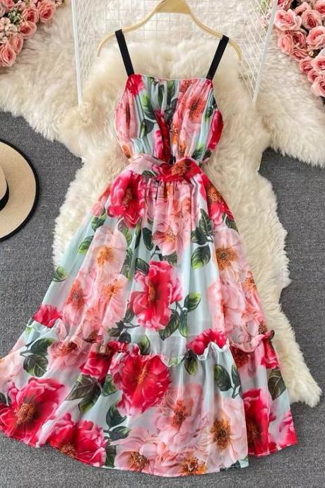 Fairy dress, rose print, elegant big swing slip dress, new style, backless, sweet chiffon floral dress