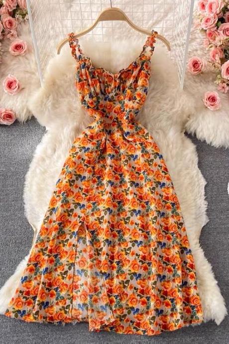 Vintage, Temperament, Goddess, V-neck, Waist-in Floral Chiffon Dress, Elegant, Big Slit Dress
