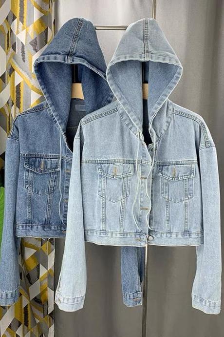 Denim hooded coat, double pockets, drawstring, student cropped jacket top