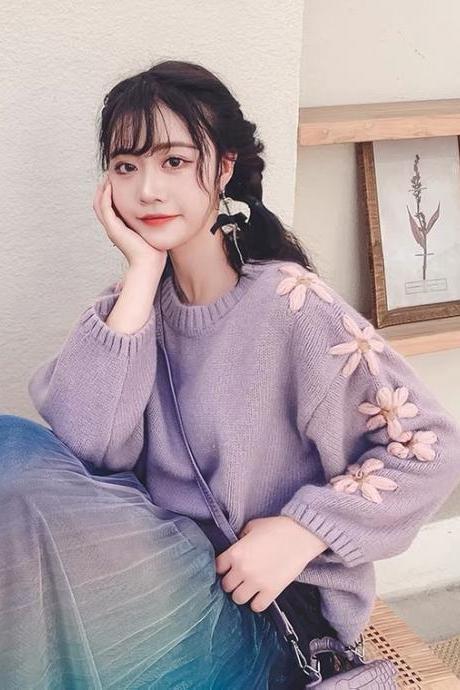 Lazy wind purple sweater, autumn and winter, embroidered jumper sweater top