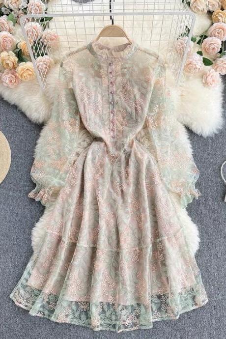 Long Sleeve Dress, Sweet, Agaric Side Collar, Slim Short Heavy Embroidery Lace Dress