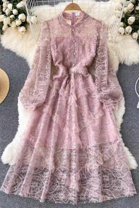 High Sense Of Dress, Mesh Embroidery, Vintage Waist Dress,pink Fairy Lace Dress