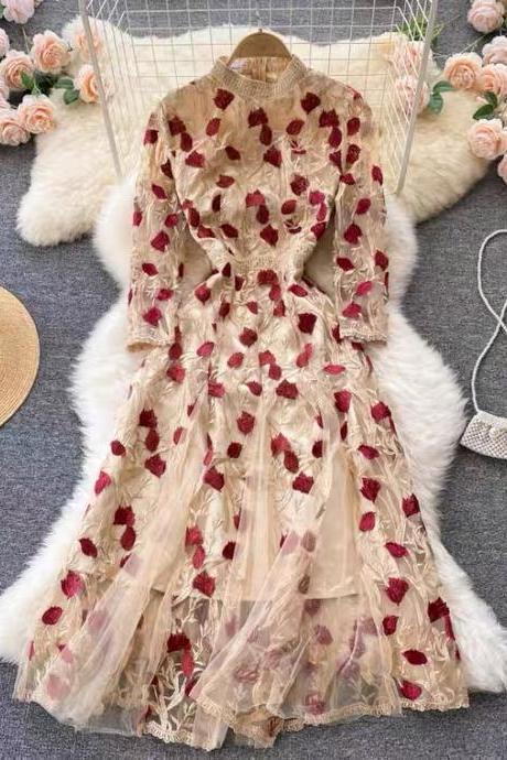 Vintage, Palace Style, Flower Embroidery Dress, Temperament Waist Mesh Dress