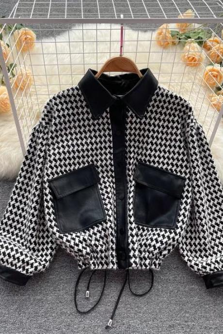 Temperament ,fashion short recreational jacket, little square splicing leather coat