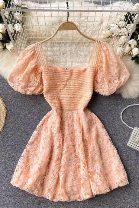 Light Luxury Heavy Industry Embroidery Dress, Bubble Sleeve Short Sweet Dress