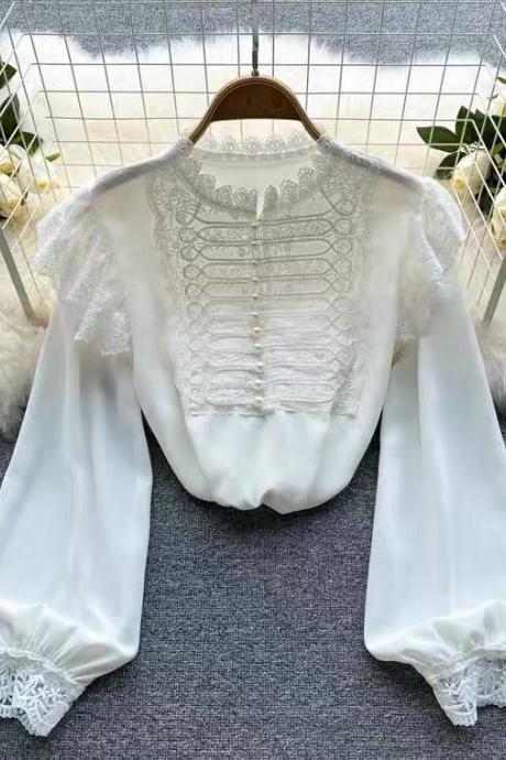 Lady's Blouse, Vintage, Heavy Embroidery, Lace Bubble Sleeve Court Style Top