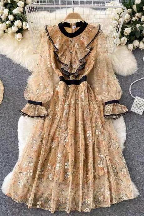 Vintage High Sense Of Dress, Flounces, Mesh Embroidery, Fairy Big Swing Midi Dress