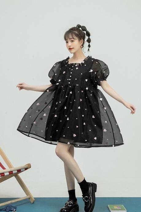 Heart Embroidered Organza Dress, Sweet Wind Bubble Sleeves Dress, Little Black Dress
