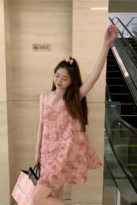 Pink stereoscopic flower dress, sweet dress, fresh tulle dress