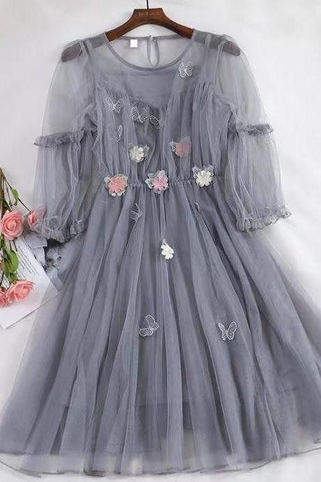 Three-dimensional Butterfly, Flower Embroidery Waist Little Dress, Bubble Lantern Sleeve, Voluminous Tulle Dress