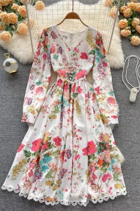 Romantic dress, waist, lace, V-neck dress, fairy floral dress