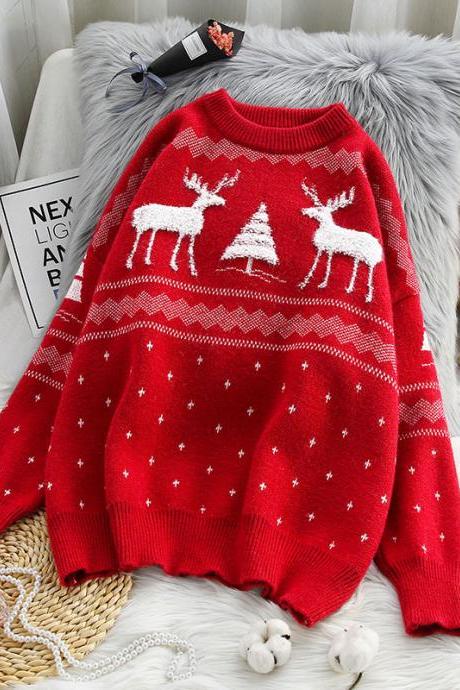 Christmas fawn red sweater, student loose sweater, languid lazy wind