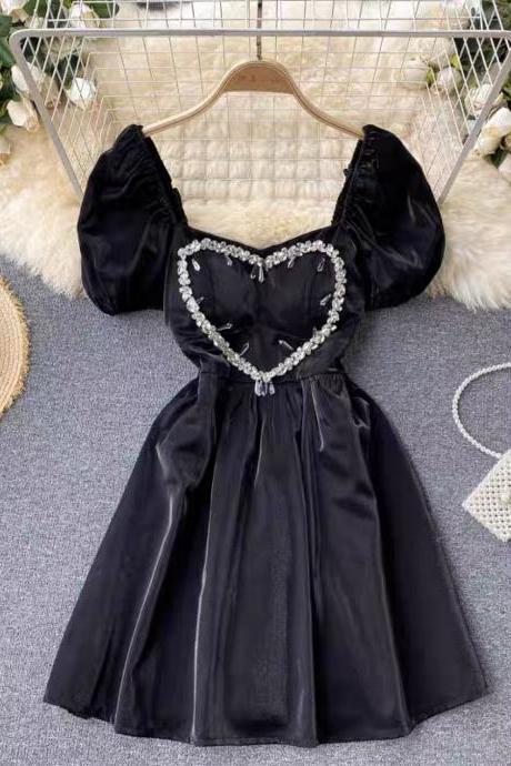 Dark, socialite,, light luxury, diamond heart, short bubble sleeve dress, Halloween dress