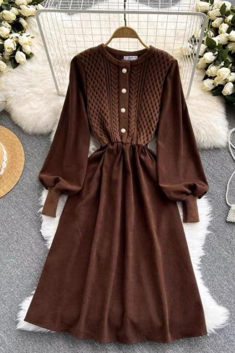 Autumn And Winter,vintage Dress, Waist Collar Stitching Sweater Midi Dress