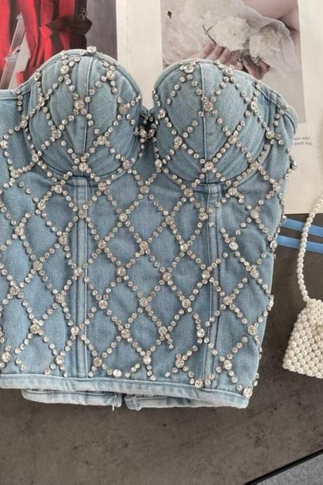 Style, Heavy Industry Rhinestone, Denim Top, Stereo Cup, Slim And Versatile Chest Wrap