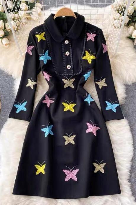 Heavy, buttons, butterfly printed dress, chic mid-length dress
