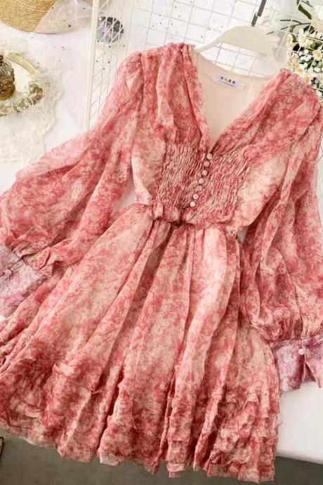 Chiffon floral dress,chic sweet dress
