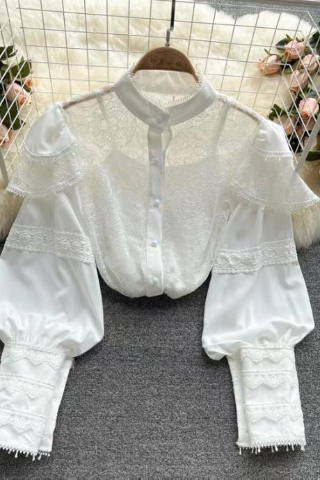 Embroidered Chiffon Lace Blouse, Stand-up Collar Shirt, Solid Color Halter Top, Two Sets